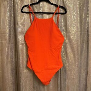Andie Asbury Ribbed One Piece Swimsuit Bright Orange High Neck XL NWT